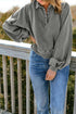 Lantern Sleeve Snap Button Placket Washed Pullover Casual Round Neck Sweatshirt